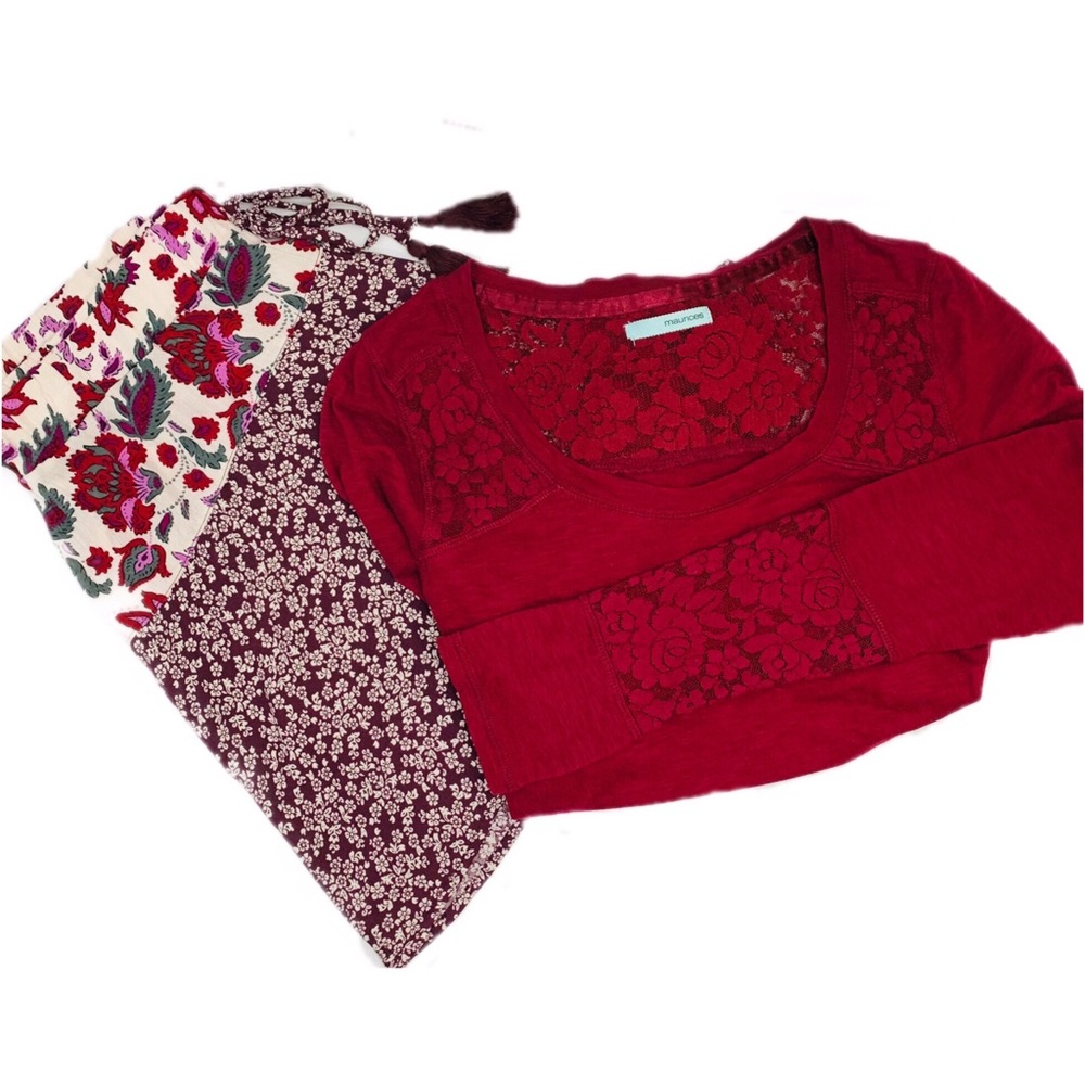 Maurice’s. Burgundy Long Sleeve Lace Insert Top M